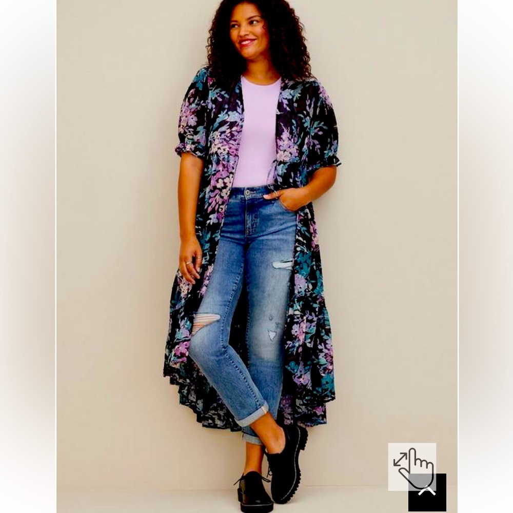 Torrid Plus Size Ruffle Kimono - Chiffon Clip Dot Floral Black 2X